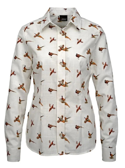 Skogen Dames Blouse Met Fazanten, white/brown/dark orange