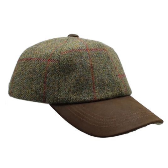 Harris Tweed Tyndrum Wool Tweed Leather Peak Baseball Cap, brown/red check