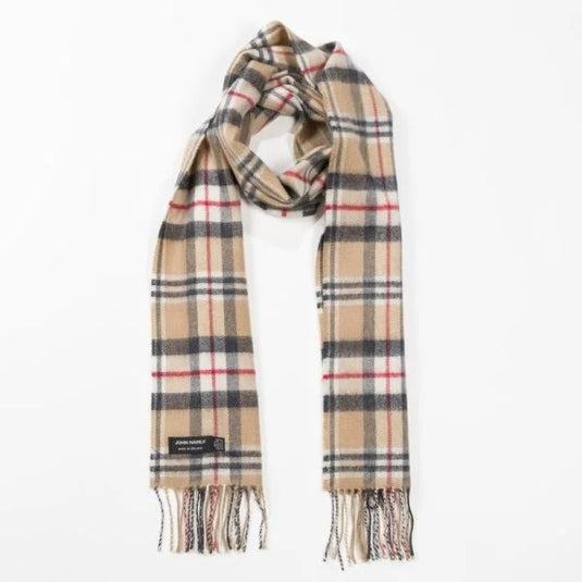 John Hanly Merino Wool Scarf, classic camel tartan