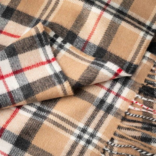 John Hanly Merino Wool Scarf, classic camel tartan